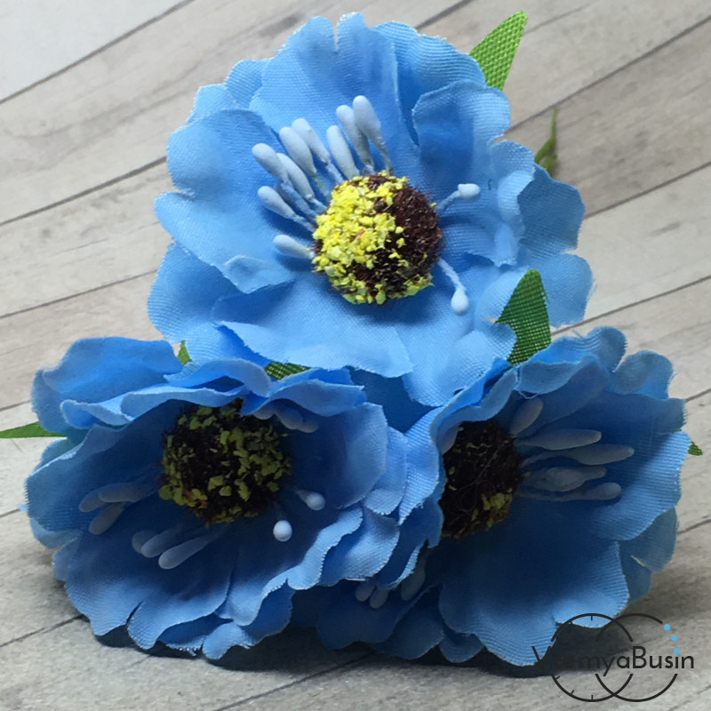 Цветы из ткани на проволоке, ок. 45 мм,  цв. голубой  (3 шт.)