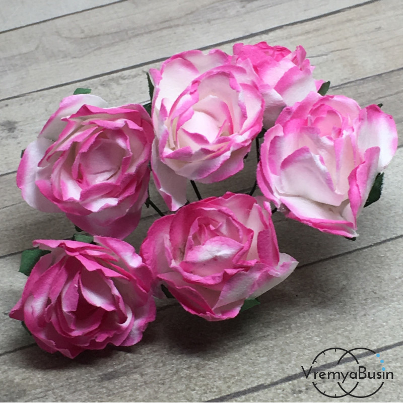 Цветы из бумаги, букетик роз, 20 мм цв. бело-розовый  (6 шт.)