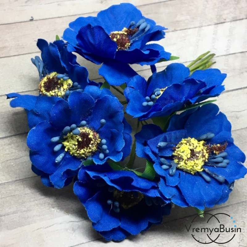 Цветы из ткани на проволоке, ок. 45 мм,  цв.  синий (3 шт.)
