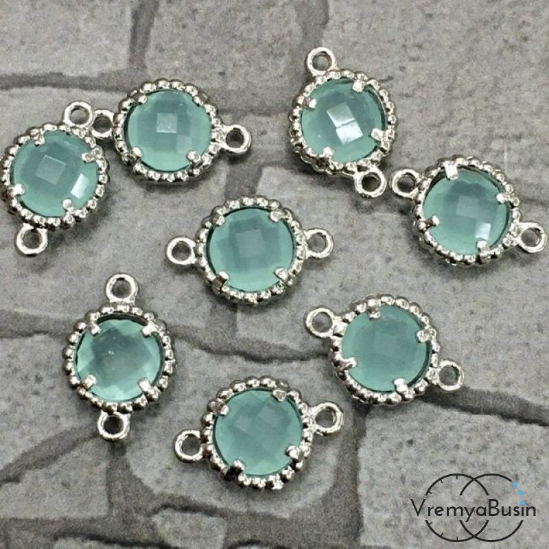 Коннекторы с граненым стеклом, круг 8х12 мм, цв. МЯТНЫЙ МАТОВЫЙ В СЕРЕБРЕ (2 шт.)