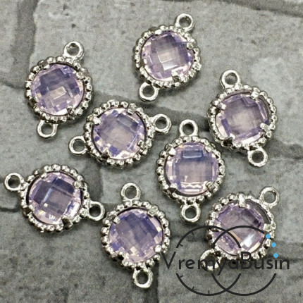 Коннекторы с граненым стеклом, круг 8х12 мм, цв. ЛУННЫЙ РОЗОВЫЙ В СЕРЕБРЕ  (2 шт.)