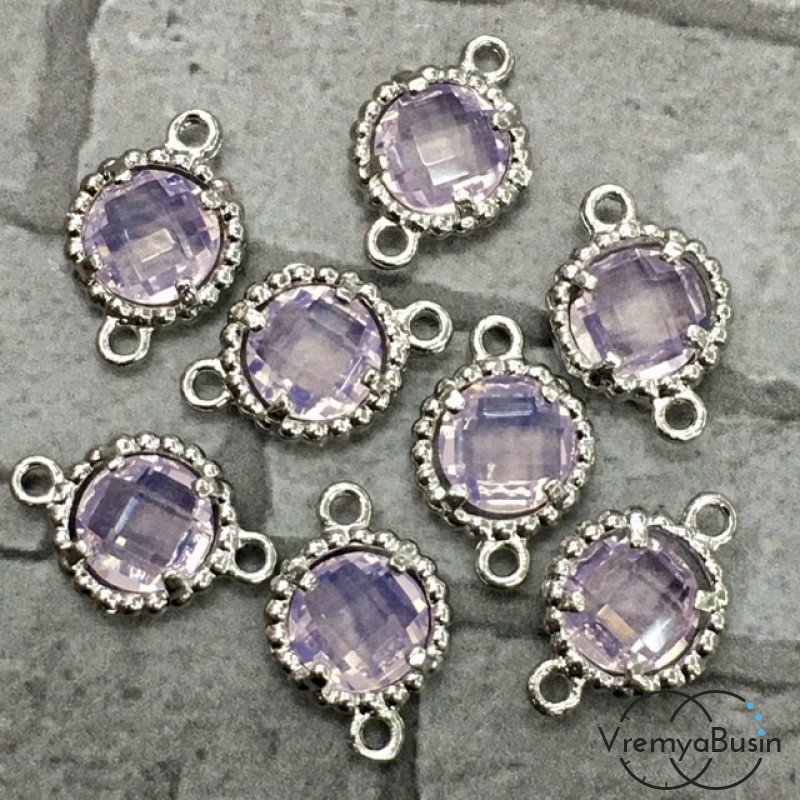 Коннекторы с граненым стеклом, круг 8х12 мм, цв. ЛУННЫЙ РОЗОВЫЙ В СЕРЕБРЕ  (2 шт.)