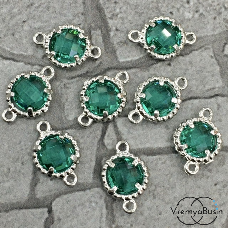 Коннекторы с граненым стеклом, круг 8х12 мм, цв. ИЗУМРУДНЫЙ В СЕРЕБРЕ (2 шт.)