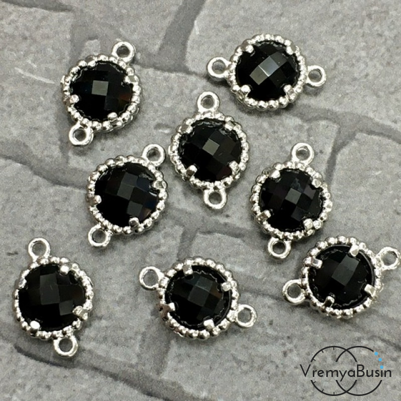 Коннекторы с граненым стеклом, круг 8х12 мм, цв. ЧЕРНЫЙ В СЕРЕБРЕ (2 шт.)