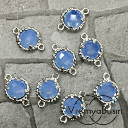 Коннекторы с граненым стеклом, круг 8х12 мм, цв. ГОЛУБОЙ МАТОВЫЙ В СЕРЕБРЕ (2 шт.)