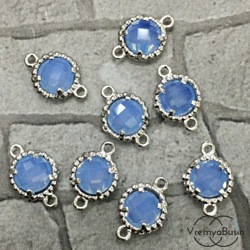 Коннекторы с граненым стеклом, круг 8х12 мм, цв. ГОЛУБОЙ МАТОВЫЙ В СЕРЕБРЕ (2 шт.)