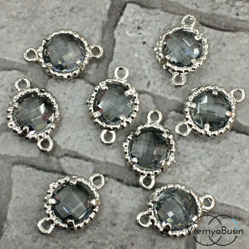 Коннекторы с граненым стеклом, круг 8х12 мм, цв. СЕРЫЙ В СЕРЕБРЕ (2 шт.)