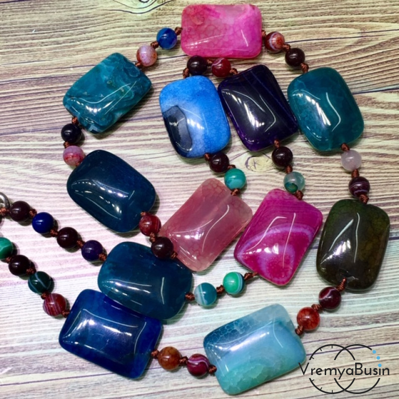 Комплект бусин из агата, прямоугольник 18х25 мм + шарик гладкий 6 мм, цв. микс (нить 12+30 шт.)