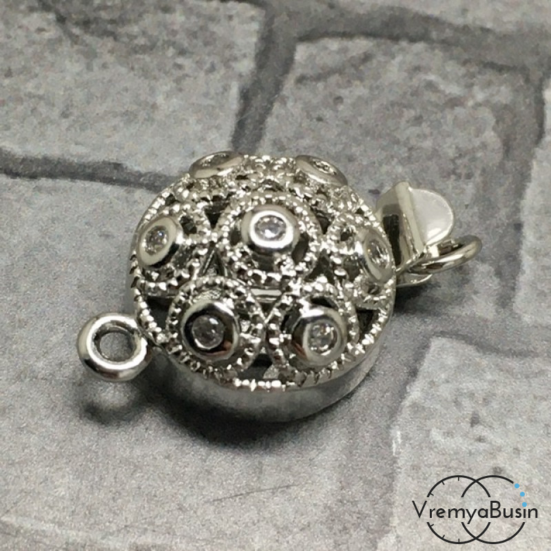 Замок для украшений, латунь с родиевым покрытием и фианитами (1 шт.)