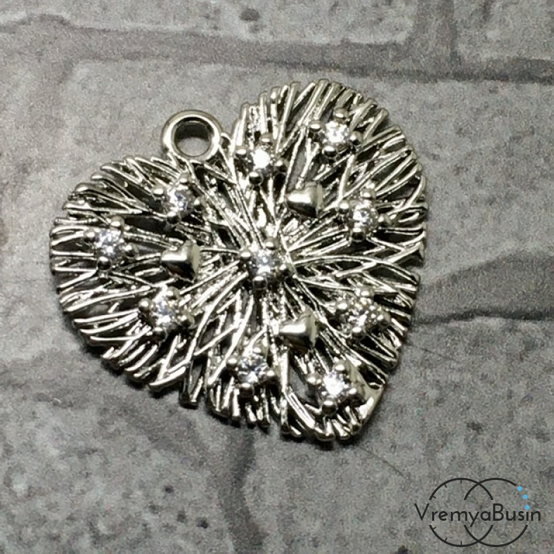 Подвеска из латуни с родиевым покрытием и фианитами, сердце 18х20 мм (1 шт.)