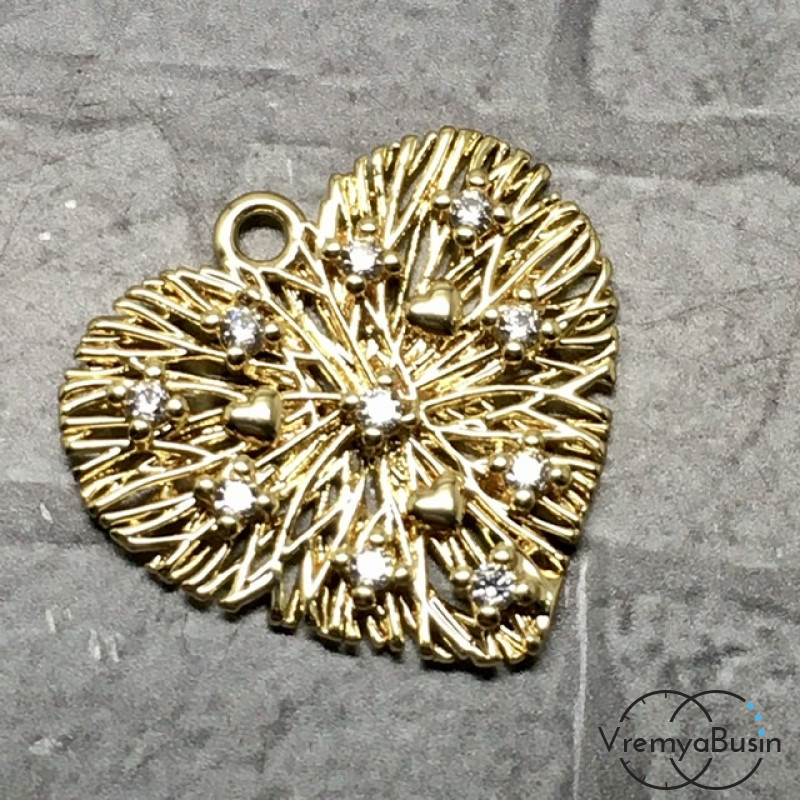 Подвеска из латуни с позолотой и фианитами, сердце 18х20 мм (1 шт.)