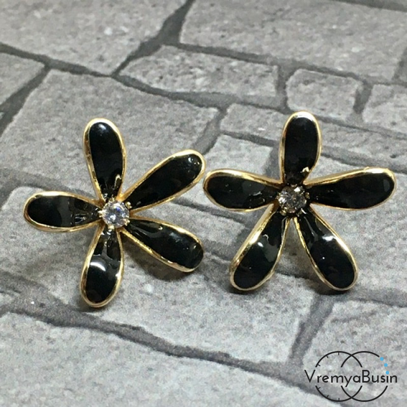 Швензы-гвоздики с эмалью цв. черный, латунь с позолотой  (1 пара)