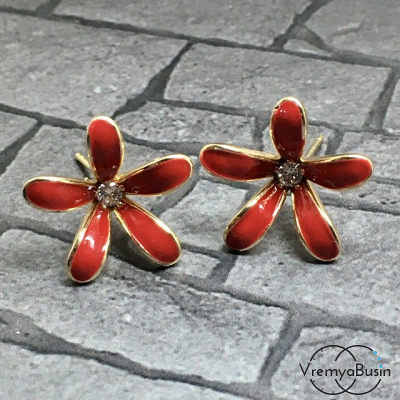 Швензы-гвоздики с эмалью цв. красный, латунь с позолотой  (1 пара)