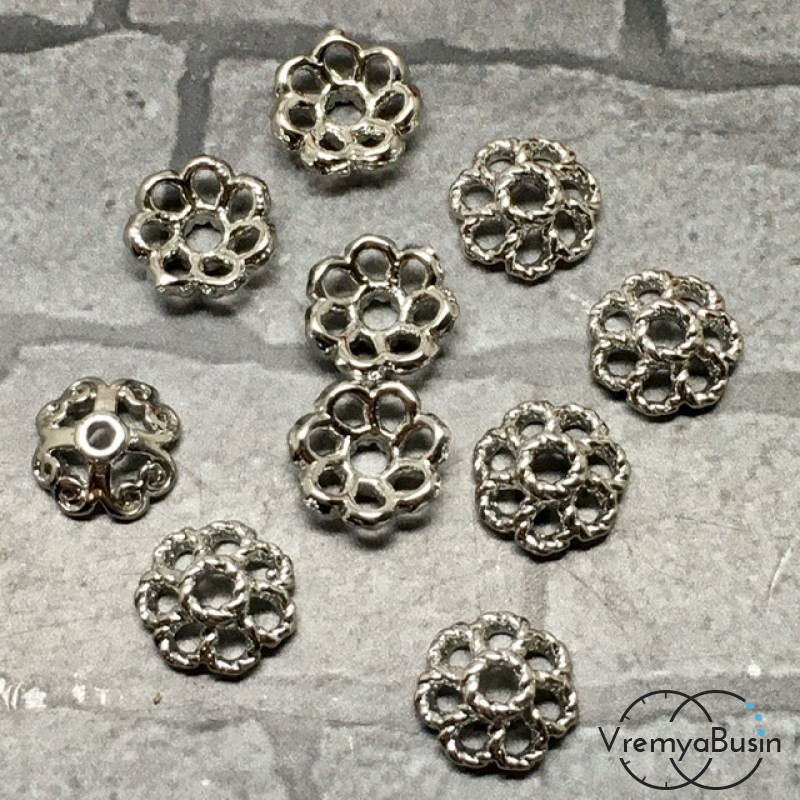 Шапочки для бусин 9 мм, латунь с родиевым покрытием (10 шт.)