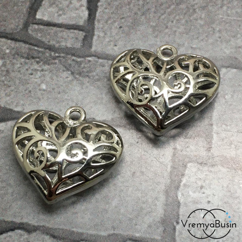 Подвеска "Сердце" из латуни с родиевым покрытием, 17х18 мм  (1 шт.)