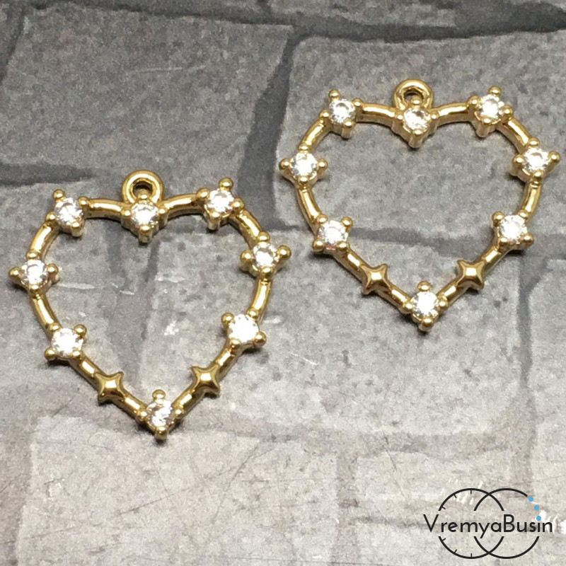 Подвеска "Сердце" из латуни с позолотой и фианитами, 18х20 мм  (1 шт.)