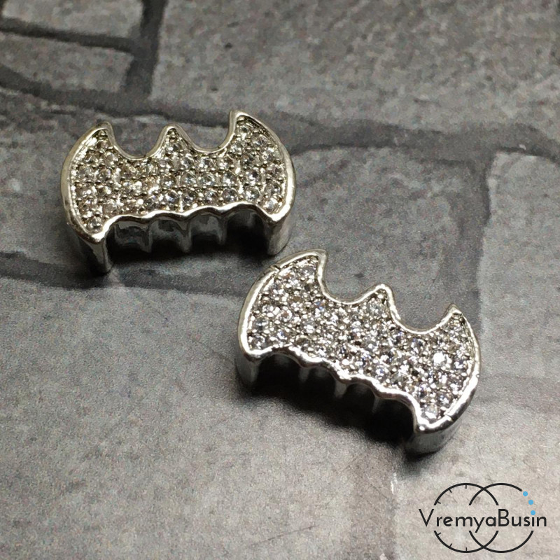 Бусина с фианитами, 7х14 мм, латунь с родиевым покрытием (1 шт.)