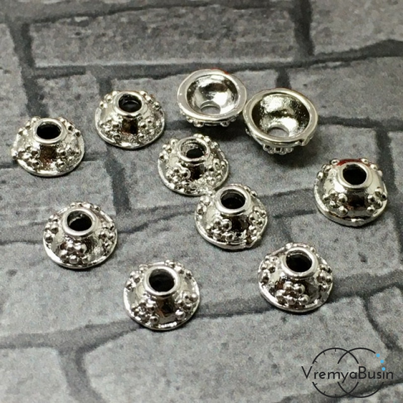 Шапочки для бусин 6 мм, латунь с родиевым покрытием (10 шт.)