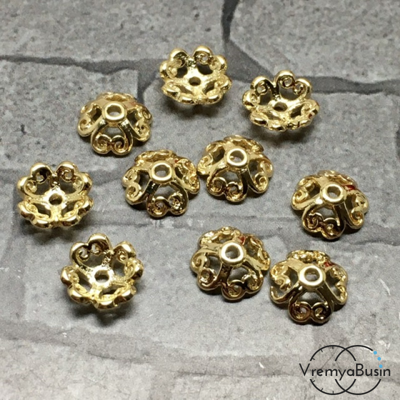 Шапочки для бусин 8 мм, латунь с позолотой (10 шт.)