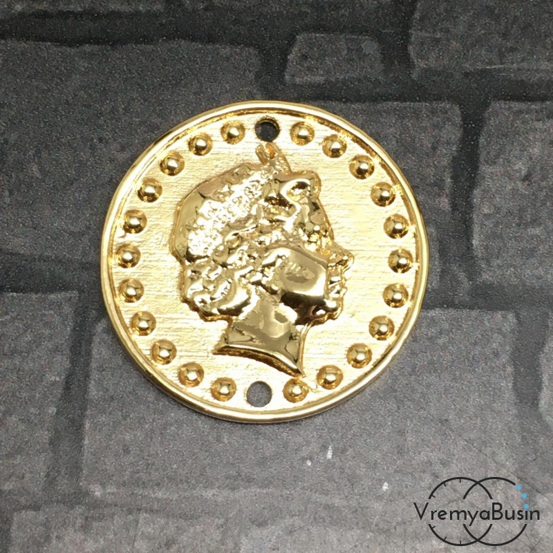 Коннектор "Монета" из латуни с позолотой, 20 мм  (1 шт.)