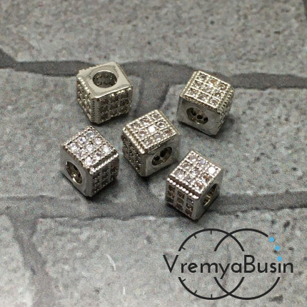 Бусина разделитель с фианитами, 4х4 мм. латунь с родиевым покрытием (1 шт.)