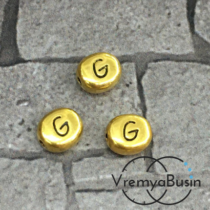 Бусины металлические с буквами, 6х7 мм цв. золото, БУКВА G (1 шт.)