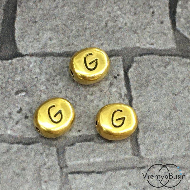 Бусины металлические с буквами, 6х7 мм цв. золото, БУКВА G (1 шт.)