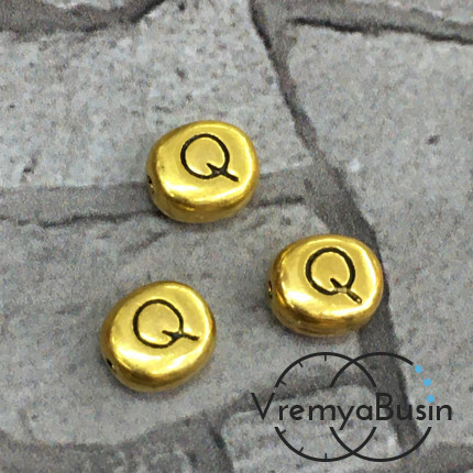 Бусины металлические с буквами, 6х7 мм цв. золото, БУКВА Q (1 шт.)