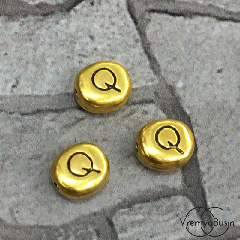 Бусины металлические с буквами, 6х7 мм цв. золото, БУКВА Q (1 шт.)