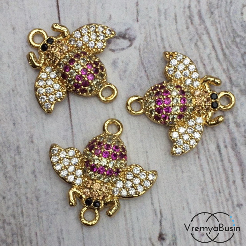 Коннектор с цветными фианитами "Насекомое", латунь с позолотой, 15х15 мм  (1 шт.)