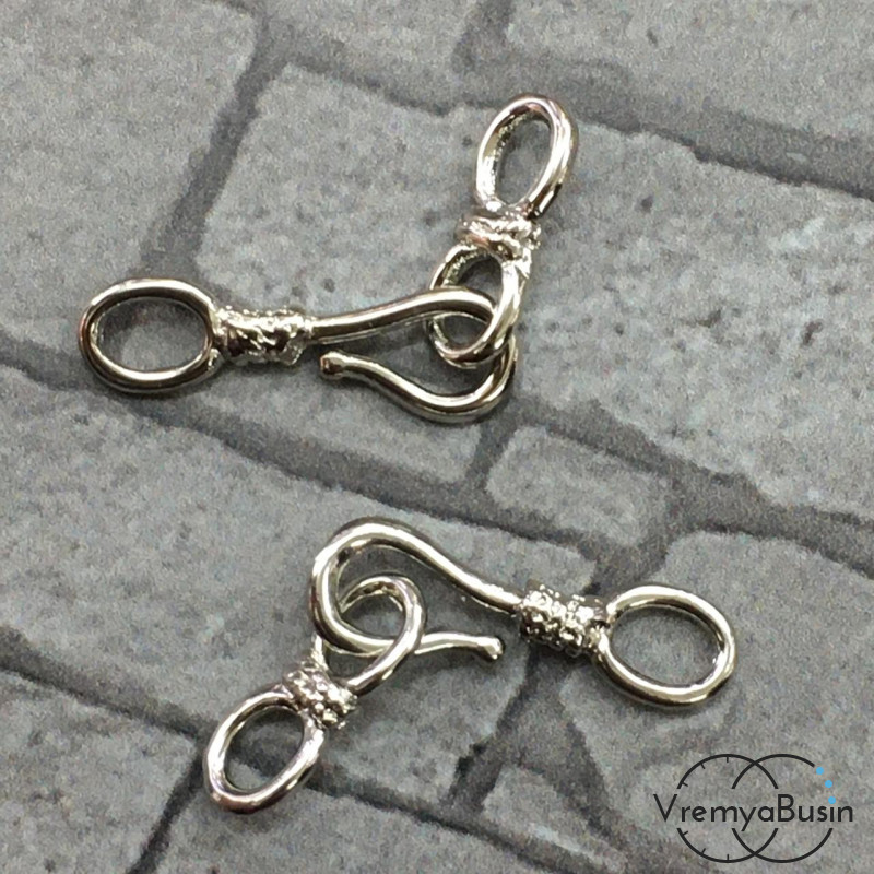 Замок-крючок с петлей, 13х6 мм + 12х5 мм, латунь с родиевым покрытием (1 компл.)