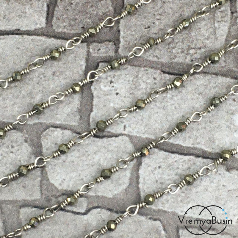 Цепочка, крученая из проволоки с гранеными бусинами, латунь с родиевым покрытием + марказит (1/2 м.)