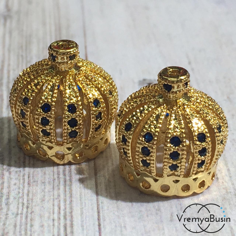 Шапочки-концевики с синими цирконами, 13х14 мм, латунь с позолотой (2 шт.)