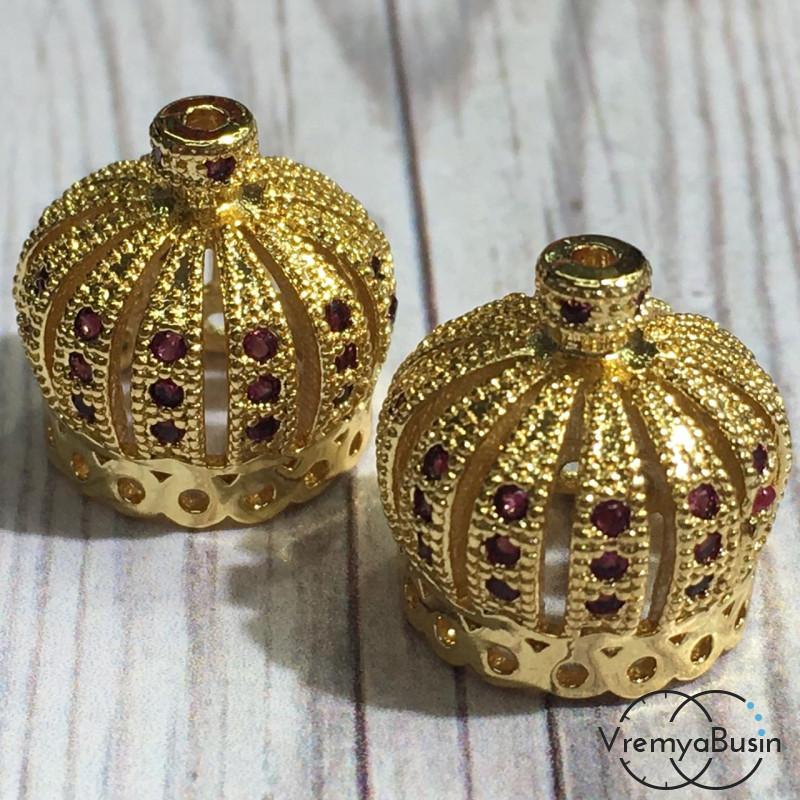 Шапочки-концевики с красными цирконами, 13х14 мм, латунь с позолотой (2 шт.)