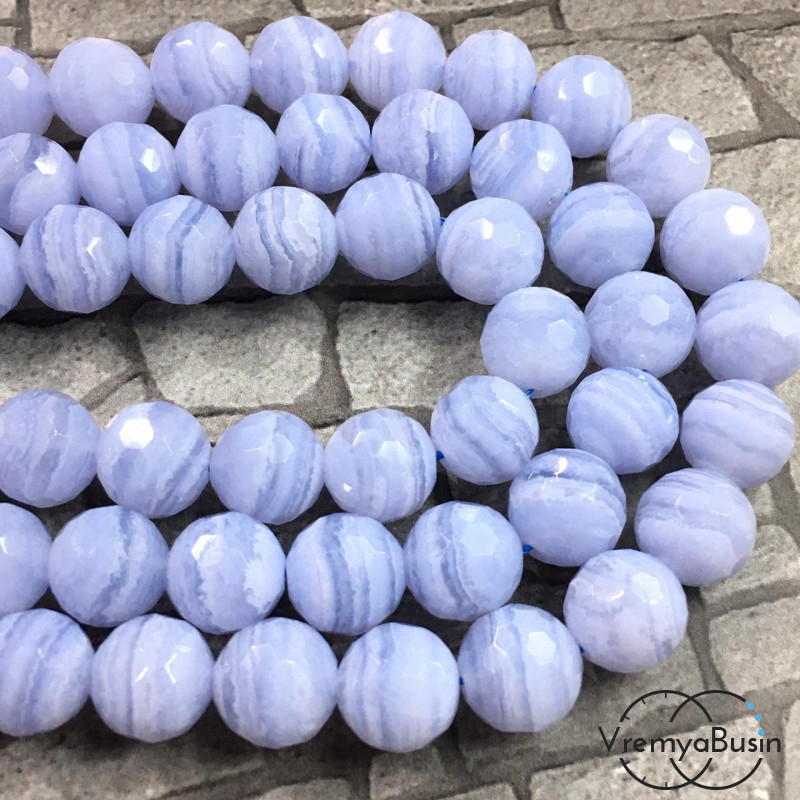 Сапфирин, голубой агат натур., шарик граненый 10 мм (1/2 нити, ок. 19 шт.)