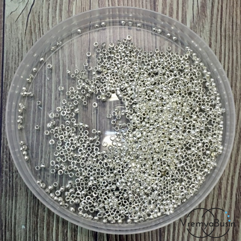 Кримпы мелкие, обжимные бусины, 1х1.3 мм, цв. серебро (0,5 гр.)