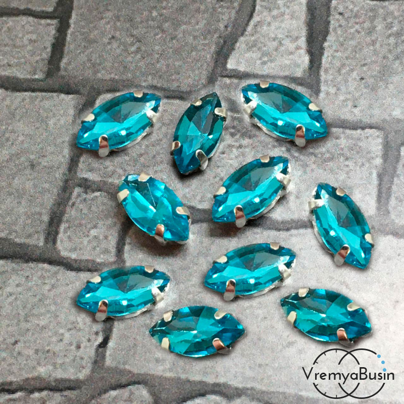 Стразы из стекла в цапах под серебро. Лодочка 5х10 мм AQUAMARINE (1 шт.)