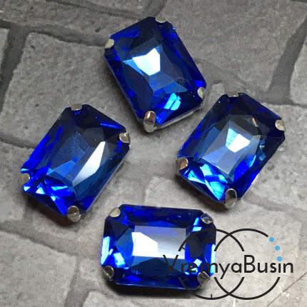 Стразы из стекла в цапах под серебро. Прямоугольник 10х14 мм BLUE (1 шт.)