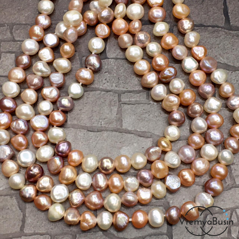 Жемчуг натуральный речной, округлый цветной ок. 7-8 мм  (нить, ок. 50 шт.)