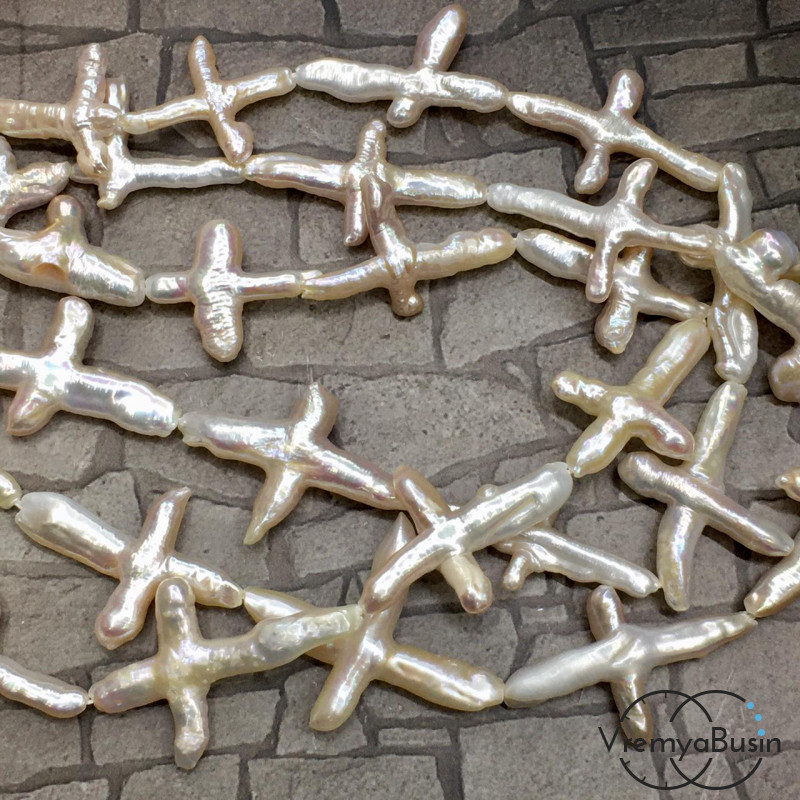 Жемчуг натуральный речной барочный крестик (1/2 нити, ок. 6  шт.)