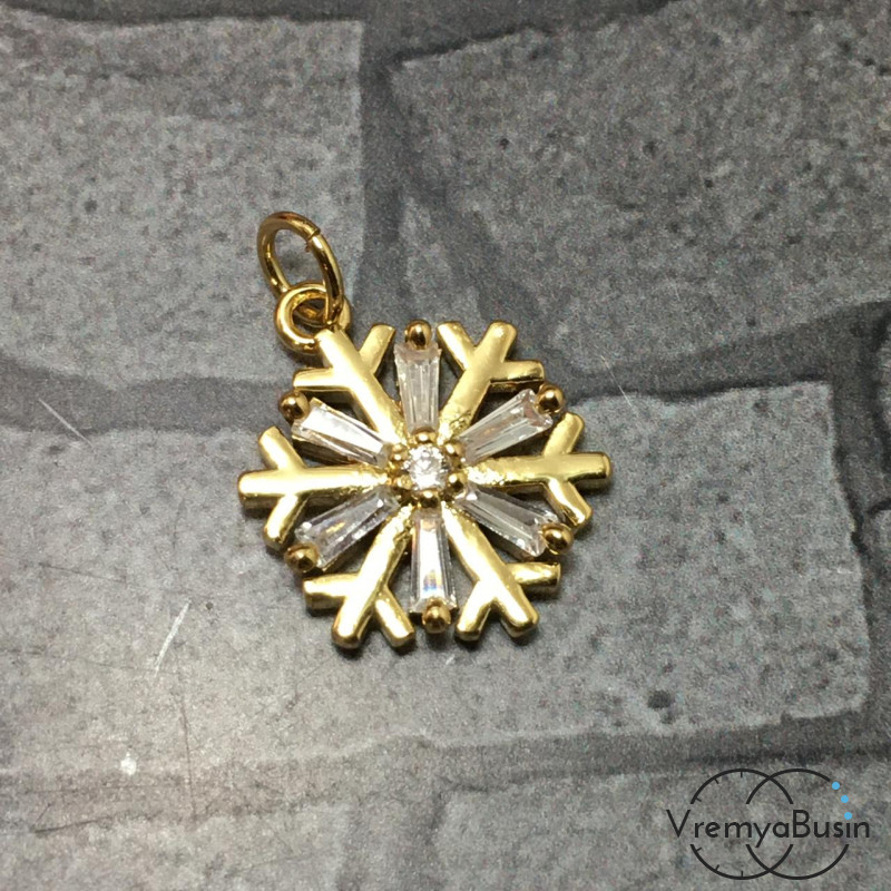 Подвеска с фианитами "Снежинка", 13х17 мм, латунь с позолотой (1 шт.)