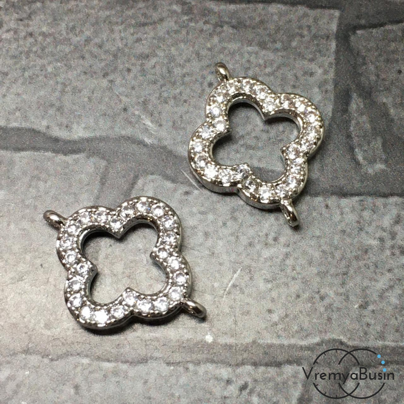 Коннектор с фианитами, 12х16 мм, латунь с родиевым покрытием (1 шт.)