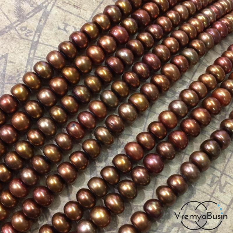 Жемчуг натуральный речной, рондель ок. 6х7 мм цв. коричневый (нить, ок. 80  шт.)