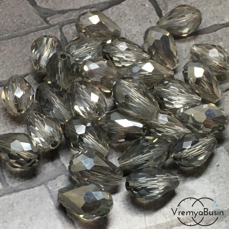 Капля из граненого стекла, 8х12 мм цв. СЕРО-СЕРЕБРЯНЫЙ (1 шт.)