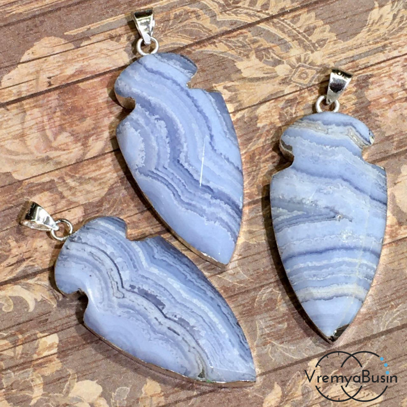 Сапфирин, голубой агат натур., подвеска в металлической оправе, 18х38 мм  (1 шт.)