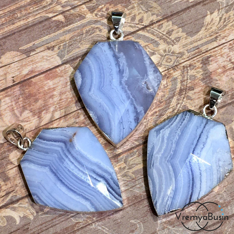 Сапфирин, голубой агат натур., подвеска в металлической оправе, 22х30 мм  (1 шт.)