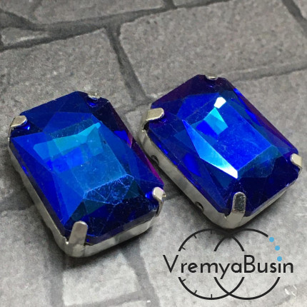 Стразы из стекла в цапах под серебро. Прямоугольник 13х18 мм DARK BLUE AB  (1 шт.)