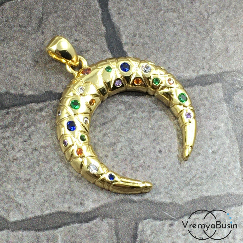 Подвеска "Лунница", 20х22 мм, из латуни с позолотой и фианитами (1 шт.)