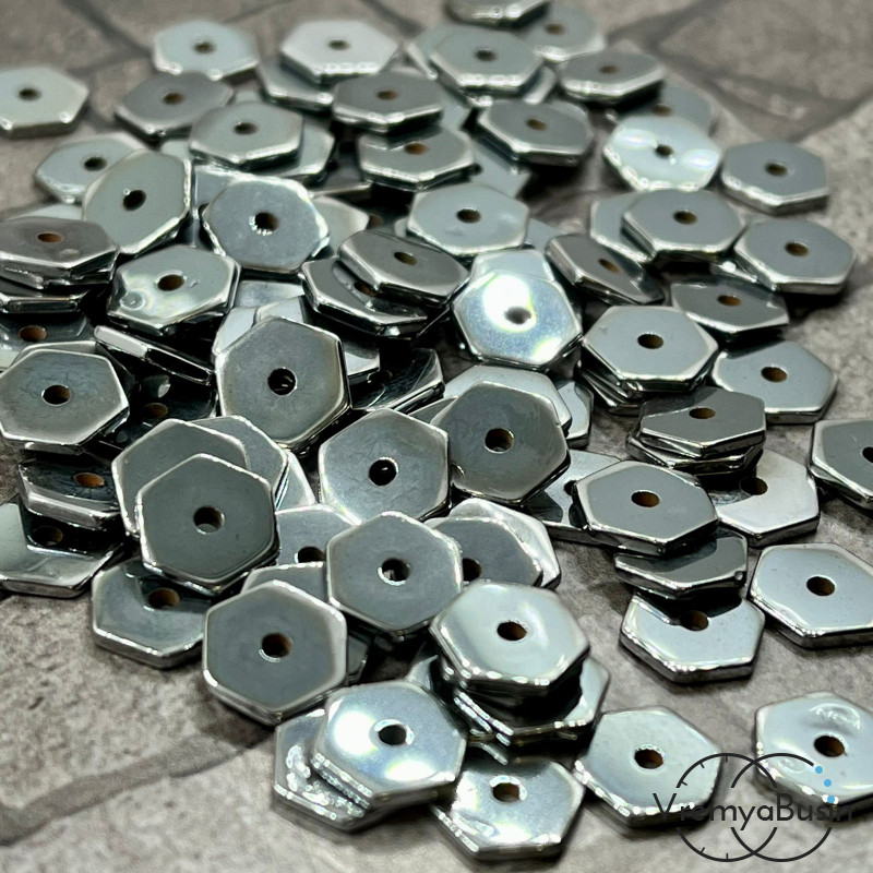 Гематит, чипс шестигранник 1х8 мм, цв. СЕРЕБРО (упак. 40 шт.)