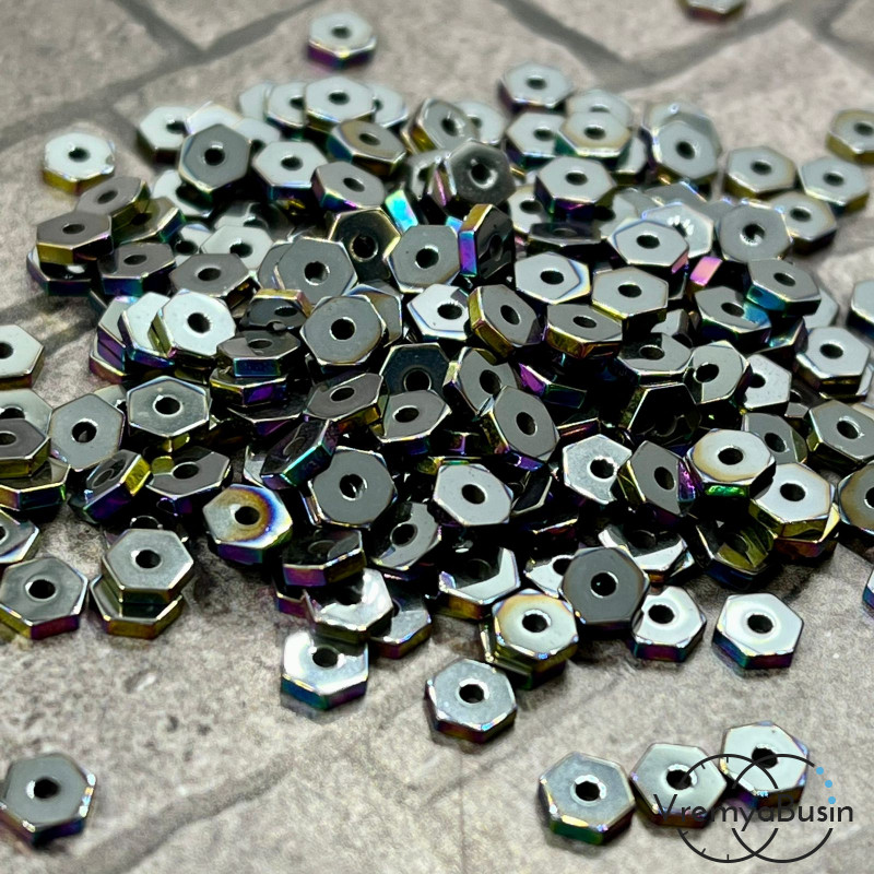 Гематит, чипс шестигранник 1х4 мм, цв. БЕНЗИНОВЫЙ  (упак. 40 шт.)